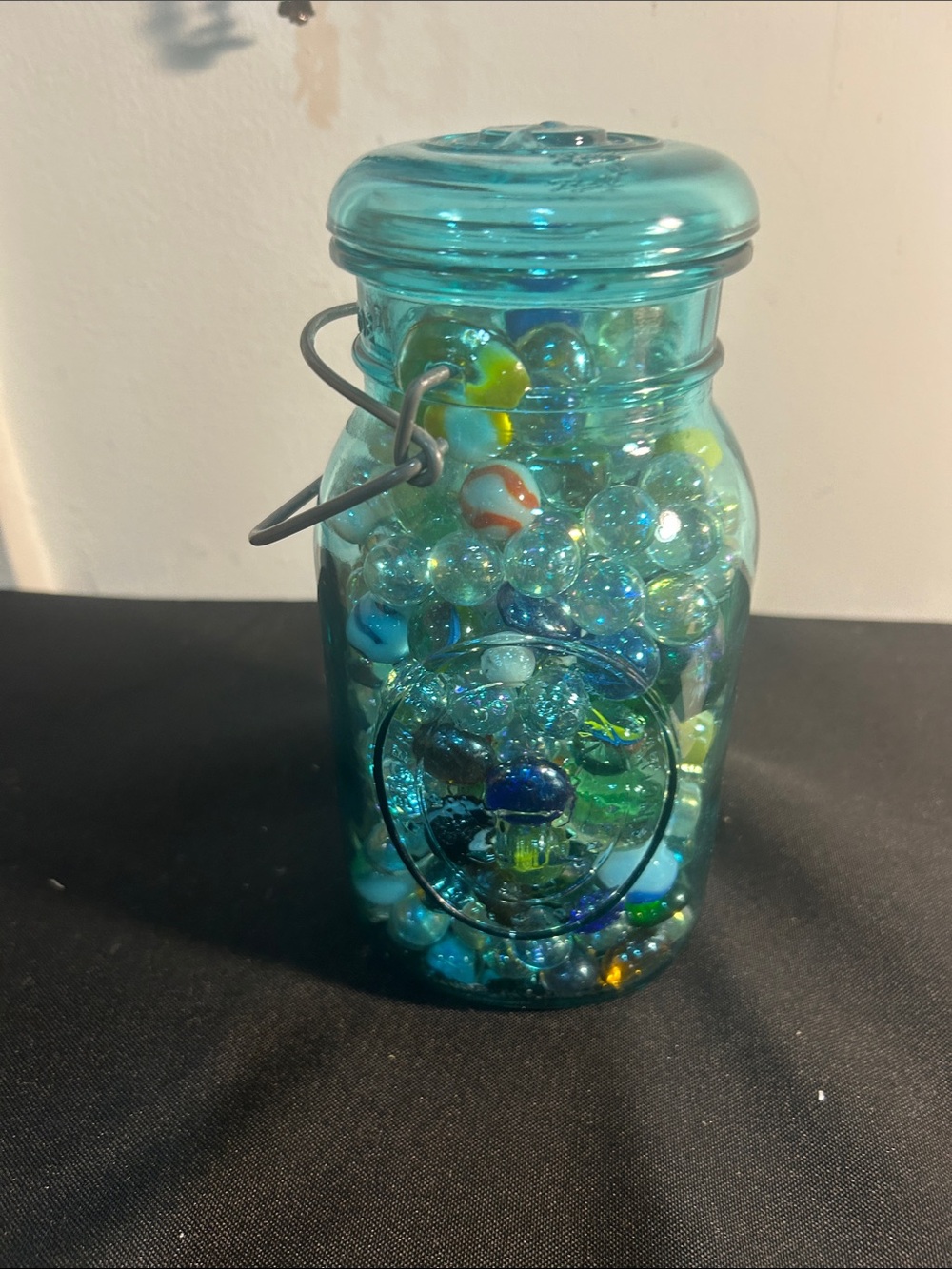 Aqua Glass vintage Jar with Assorted Blue Decorative Marbles